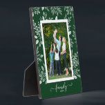 Botanical Easel Back Frameless Photo Holder Plaque<br><div class="desc">Tabletop plaque with a built-in easel features your favourite photo surrounded with a beautiful border of white foliage, dots and berries on a green background. CHANGE the background colour to MATCH your photo. CHANGE the FAMILY text to anything - TIP: put your text between the two squares to retain the...</div>