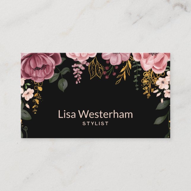 Botanical Elegance: Black & Pink Floral Business Card (Front)