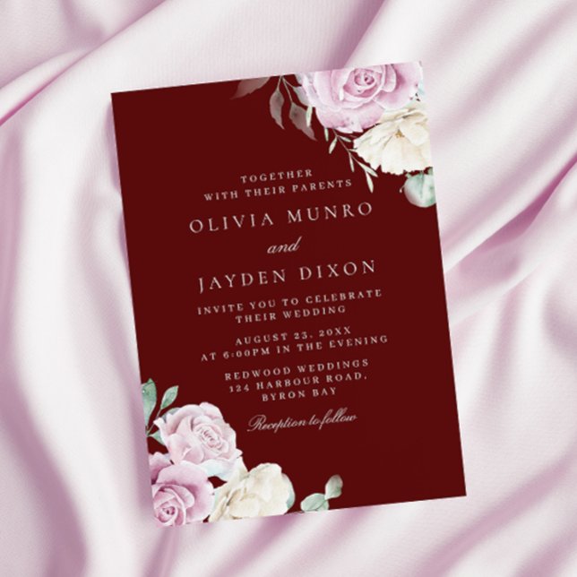 Botanical Elegance: Blush White Burgundy Wedding Invitation (Creator Uploaded)