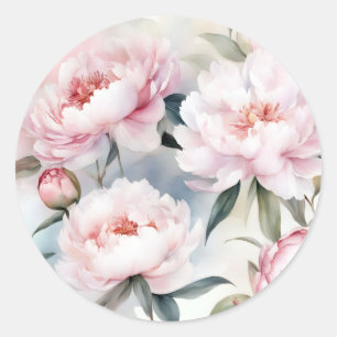 Botanical Elegance Pink Peonies Watercolor Classic Round Sticker
