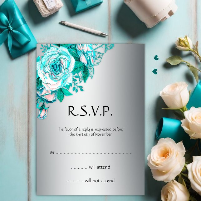 Botanical Elegance Teal on Silver Wedding RSVP Invitation (Creator Uploaded)