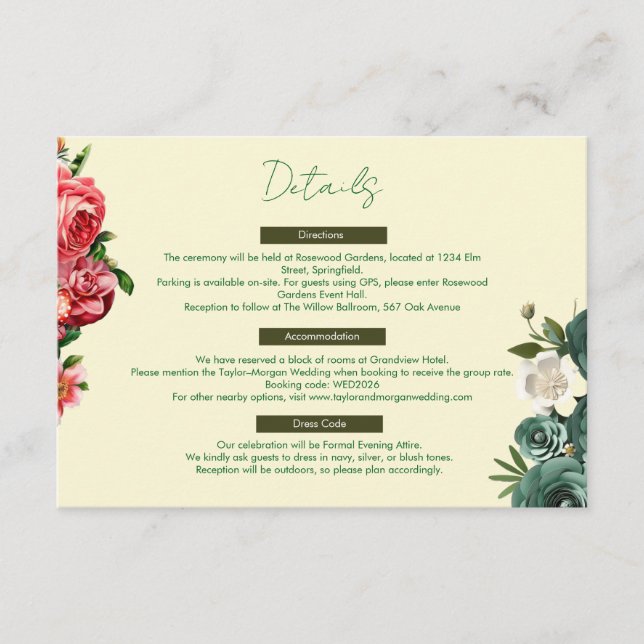 Botanical Elegance Wedding Details Card (Front)