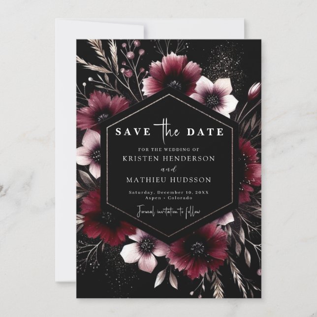 Botanical Elegant Burgundy Wedding Save The Date (Front)