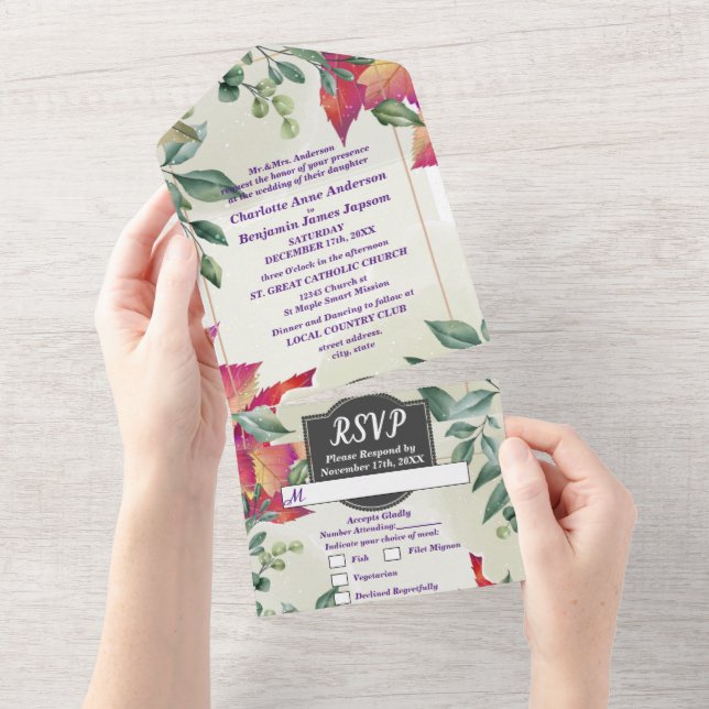 Botanical Elegant  Fall Leaves Wedding All In One Invitation (Tearaway)