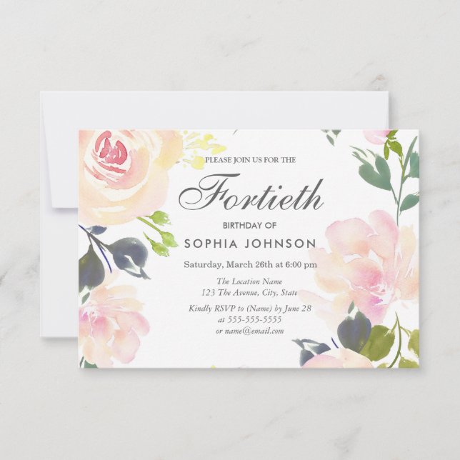 Botanical Elegant Floral 40th Birthday Invite (Front)