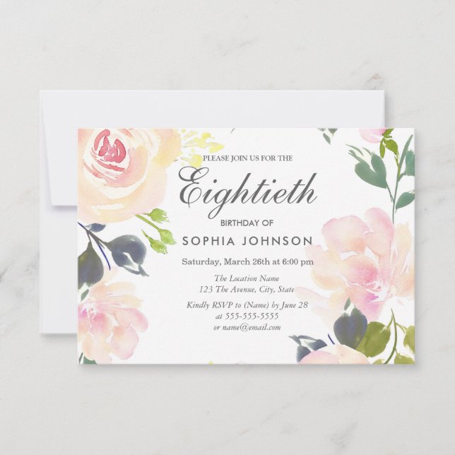 Botanical Elegant Floral 80th Birthday Invite (Front)