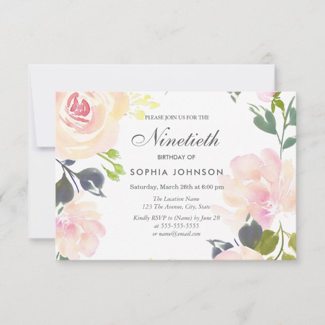 Botanical Elegant Floral 90th Birthday Invite (Front)