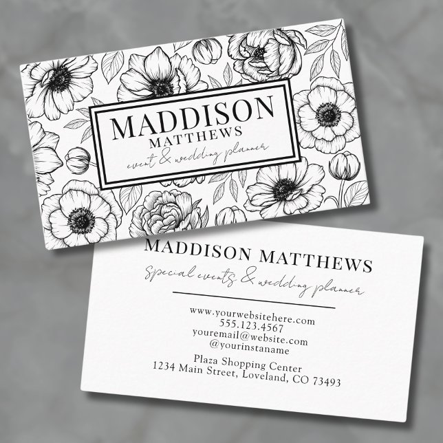 Botanical Elegant Modern Black White Floral Business Card (Modern Black White Floral Business Card)