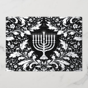 Botanical elegant silver menorah Hannukah Foil Holiday Card