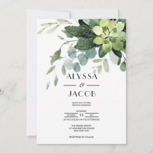 Botanical, elegant succulent and eucalyptus leaves invitation