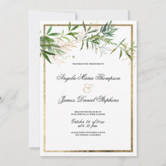 Botanical elegant white mint gold foliage wedding  invitation