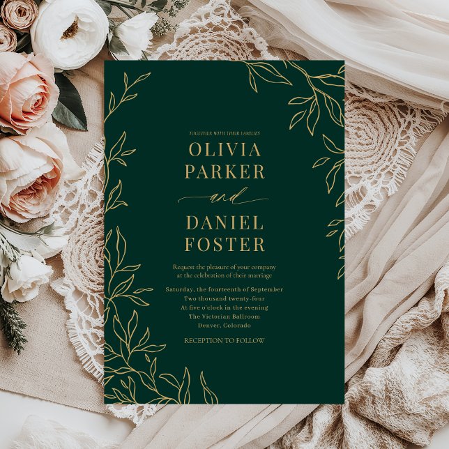 Botanical Emerald Green Gold Elegant Wedding Invitation (Creator Uploaded)