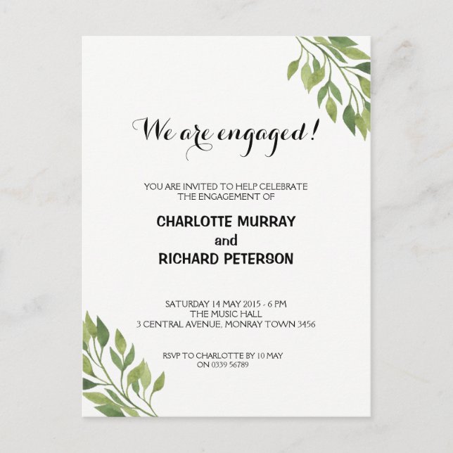 Botanical engagement party invitation postcard (Front)