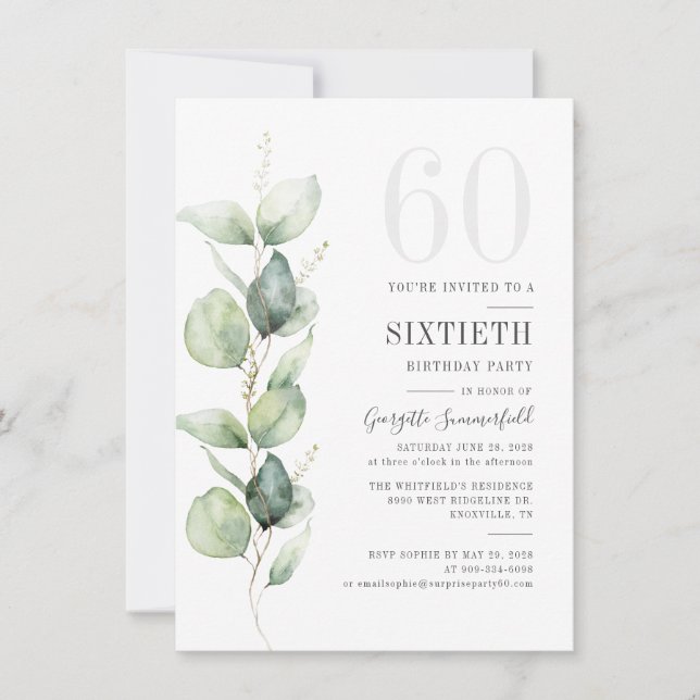 Botanical Eucalyptus 60th Birthday Party Greenery Invitation (Front)