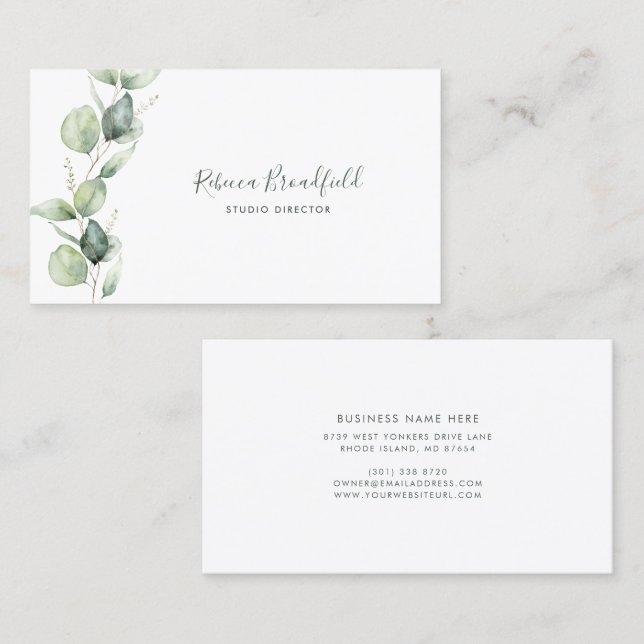 Botanical Eucalyptus Elegant Script Beauty Salon Business Card (Front/Back)