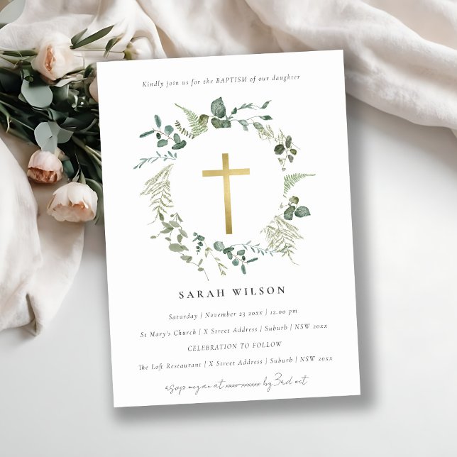 Botanical Eucalyptus Gold Cross Wreath Baptism Invitation (Creator Uploaded)