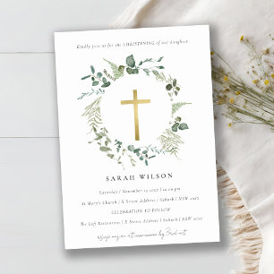 Botanical Eucalyptus Gold Cross Wreath Christening Invitation
