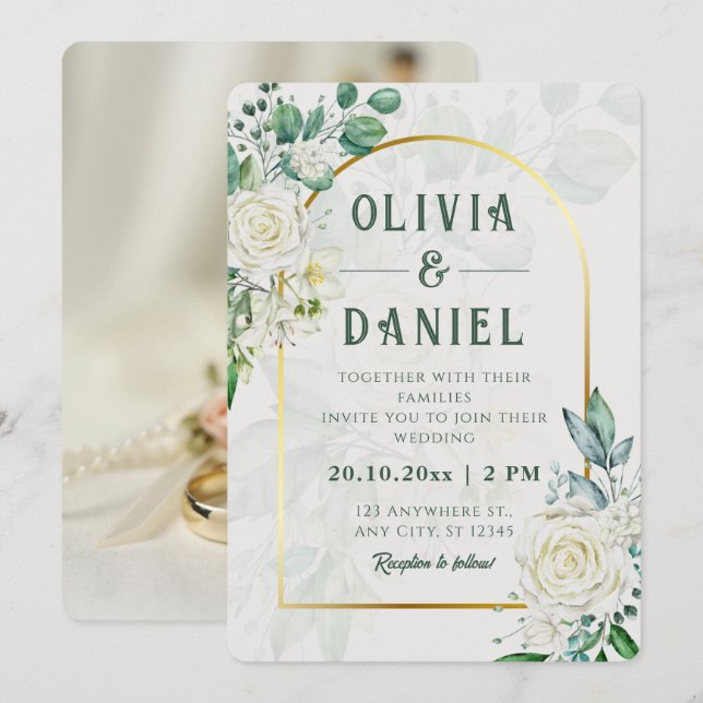 Botanical Eucalyptus Gold Frame Wedding Invitation (Front/Back)