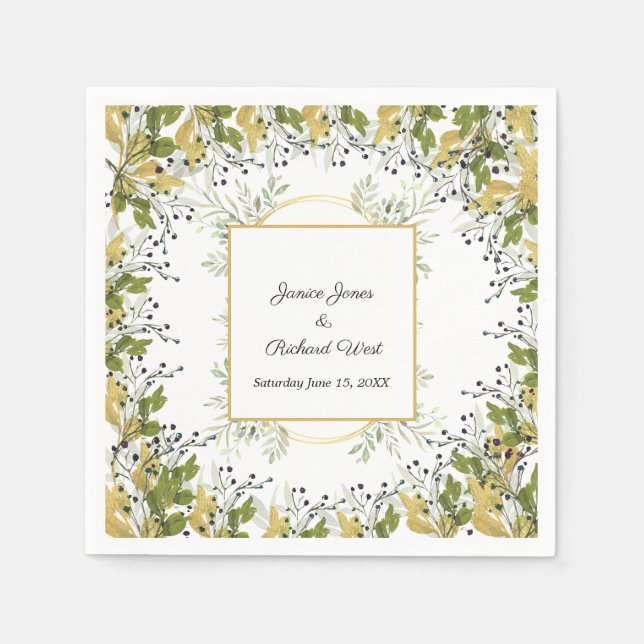 Botanical Eucalyptus Gold Frame Wedding  Napkin (Front)