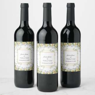 Botanical Eucalyptus Gold Frame Wedding  Wine Label