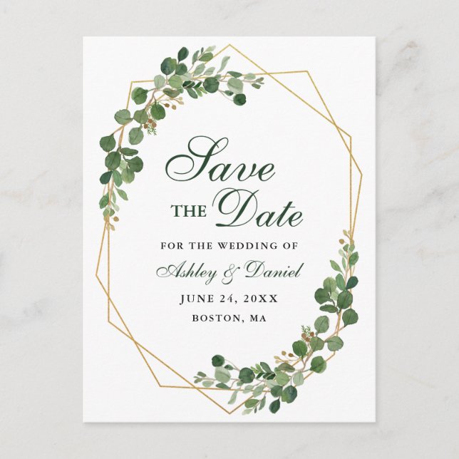 Botanical Eucalyptus Green Gold Save the Date Announcement Postcard (Front)
