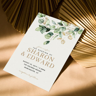 Botanical Eucalyptus Green & Gold Wedding Photo Invitation