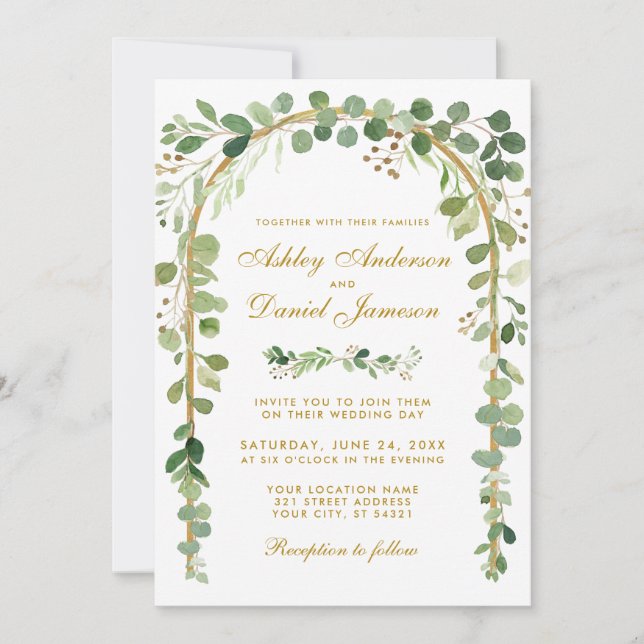 Botanical Eucalyptus Green Wedding Gold Arch W Invitation (Front)