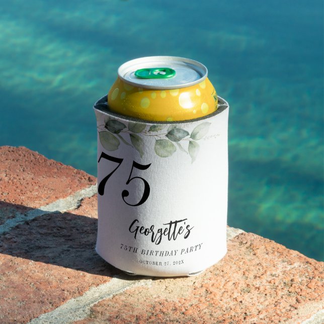 Botanical Eucalyptus Greenery 75th Birthday Can Cooler (In Situ Pool)