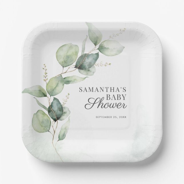 Botanical Eucalyptus Greenery Baby Shower Paper Plate (Front)