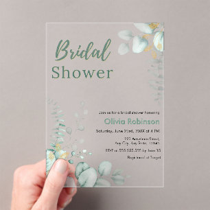 Botanical Eucalyptus Greenery Gold Bridal Shower Acrylic Invitations