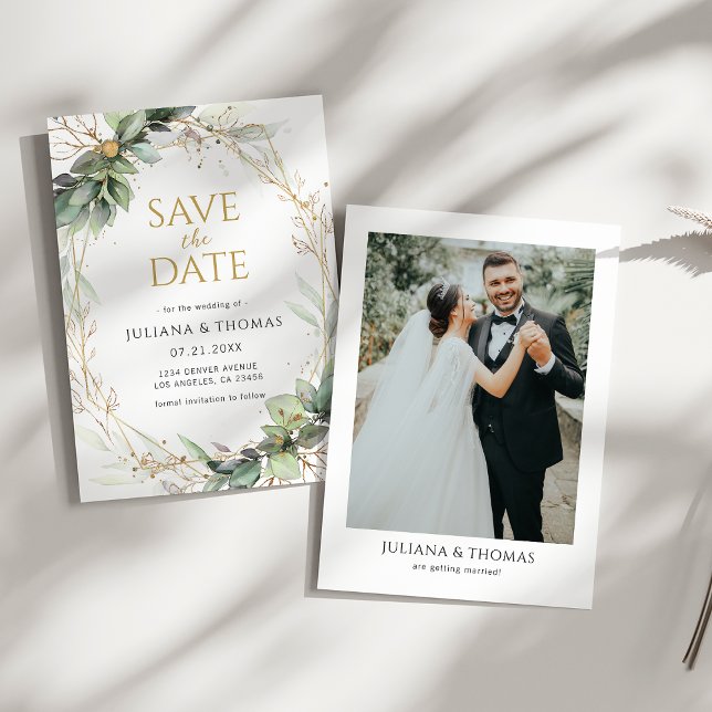botanical Eucalyptus Greenery Gold Frame Wedding Save The Date (Creator Uploaded)