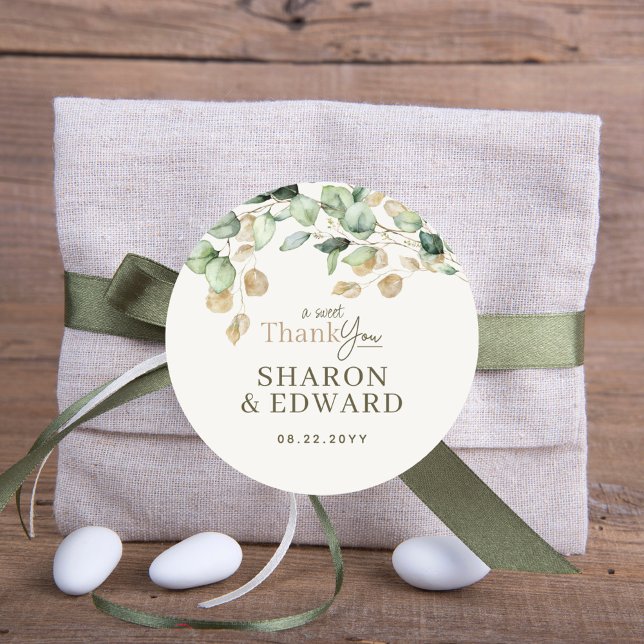 Botanical Eucalyptus Greenery & Gold Wedding Classic Round Sticker (Creator Uploaded)