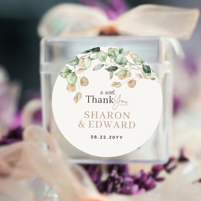 Botanical Eucalyptus Greenery & Gold Wedding Classic Round Sticker (Creator Uploaded)