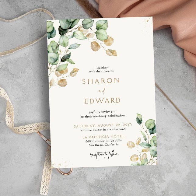 Botanical Eucalyptus Greenery & Gold Wedding Photo Invitation (Creator Uploaded)