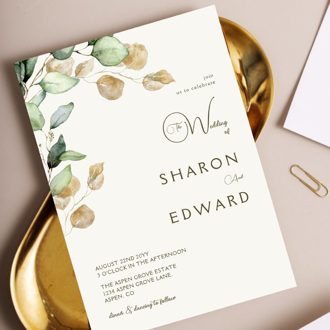 Botanical Eucalyptus Greenery & Gold Wedding Photo Invitation (Creator Uploaded)