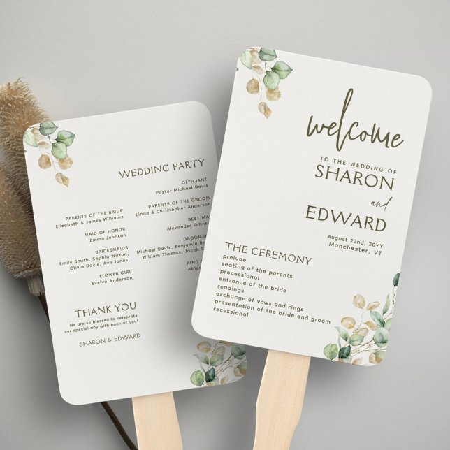 Botanical Eucalyptus Greenery Gold Wedding Program Hand Fan (Creator Uploaded)