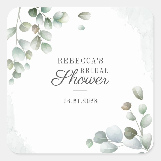 Botanical Eucalyptus Greenery Script Bridal Shower Square Sticker (Front)