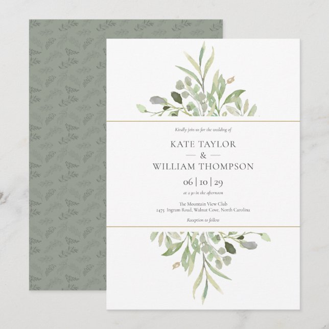 Botanical Eucalyptus Greenery Watercolour Wedding Invitation (Front/Back)