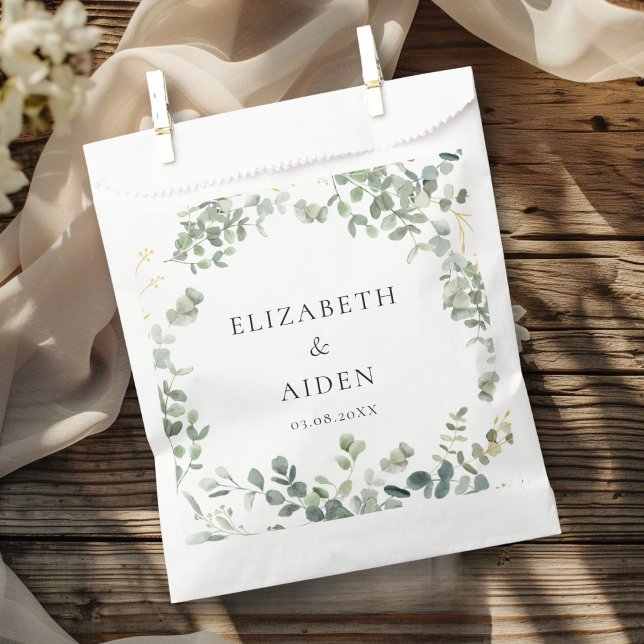 Botanical Eucalyptus Greenery Wedding Favour Bags (Eucalyptus Wedding Favor Bag with your name and date.)