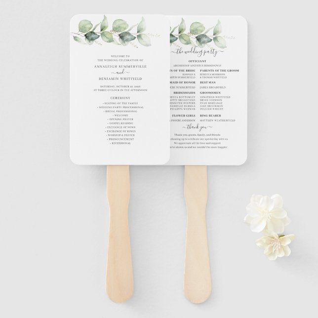 Botanical Eucalyptus Greenery Wedding Program Hand Fan (Front and Back)