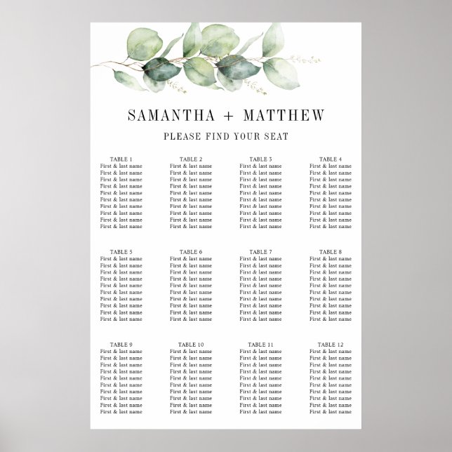 Botanical Eucalyptus Greenery Wedding Seating Poster (Front)