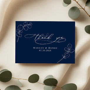 Botanical Eucalyptus Leaves Navy Blue Wedding Thank You Card