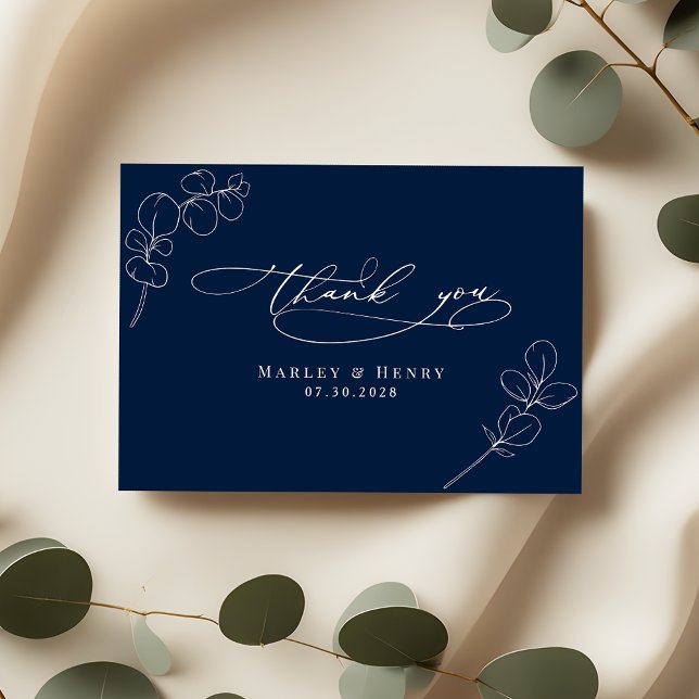 Botanical Eucalyptus Leaves Navy Blue Wedding Thank You Card (Creator Uploaded)