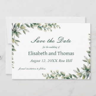 Botanical eucalyptus leaves save the date card