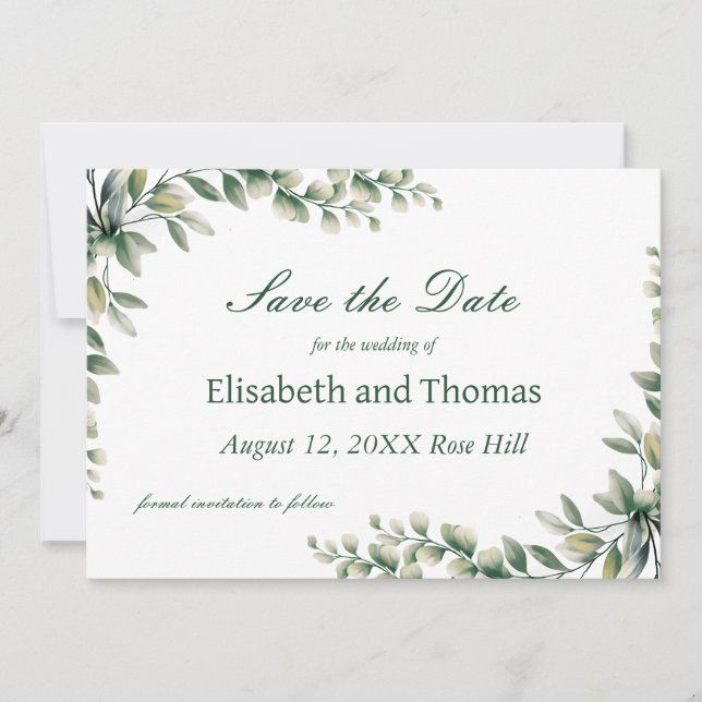 Botanical eucalyptus leaves save the date card (Front)