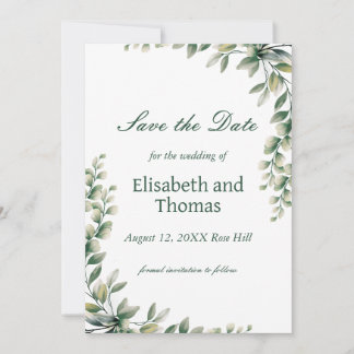 Botanical eucalyptus leaves save the date card