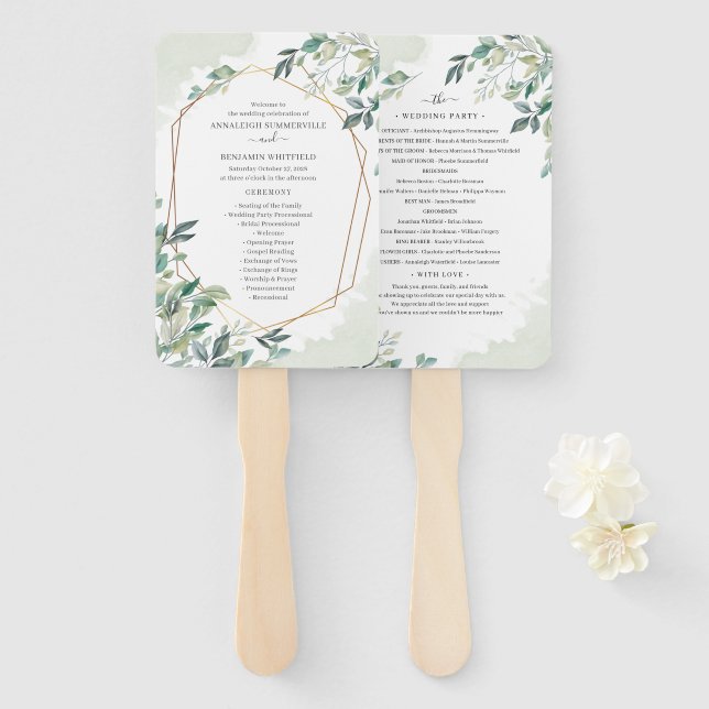 Botanical Eucalyptus Leaves Wedding Program Hand Fan (Front and Back)