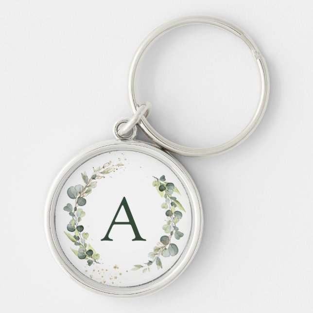 Botanical Eucalyptus Monogram Greenery Wedding Key Ring (Front)