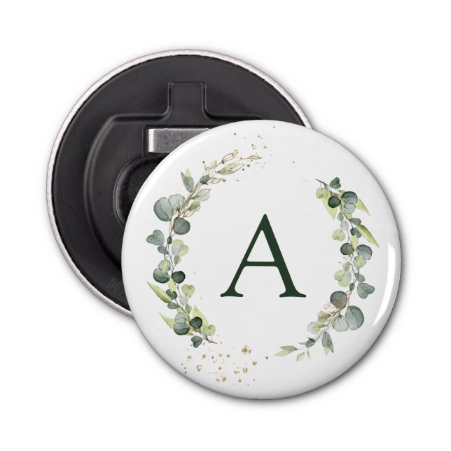 Botanical Eucalyptus Monogram Wedding Favour Bottle Opener (Front)