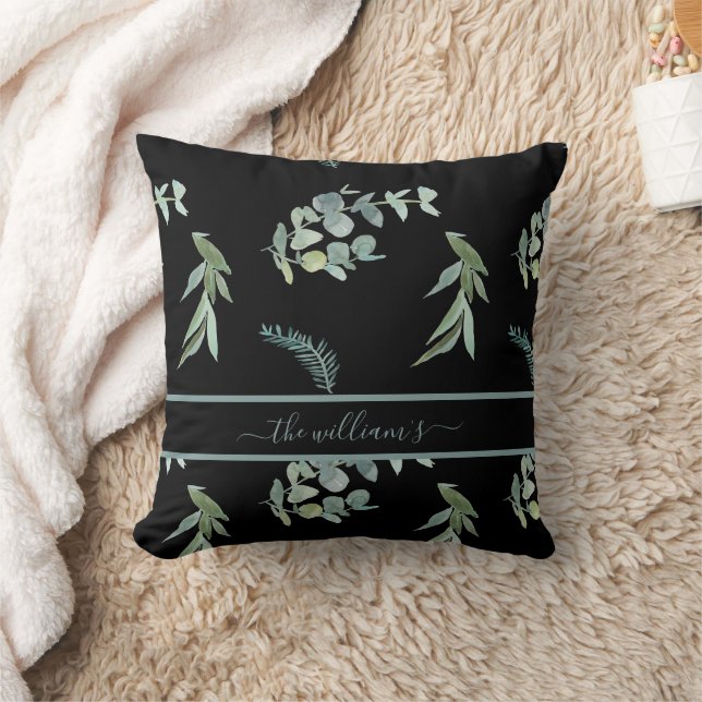 Botanical eucalyptus olive pattern black green cushion (Blanket)